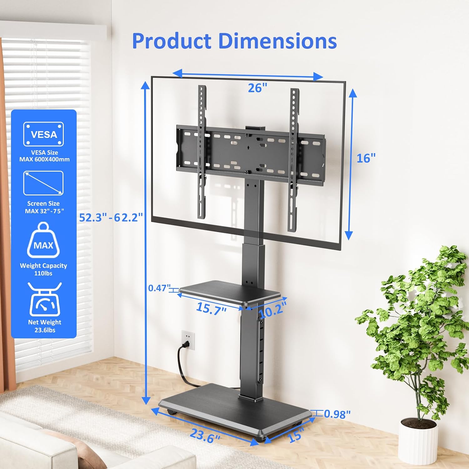Afaloona Rolling TV Stand with Power Outlet for 32-75" TV, Max Load 110 lbs | Mobile TV cart with 18 height adjustments, ±30° swivel, media shelf and Max VESA 600×400mm for living room office and outdoor