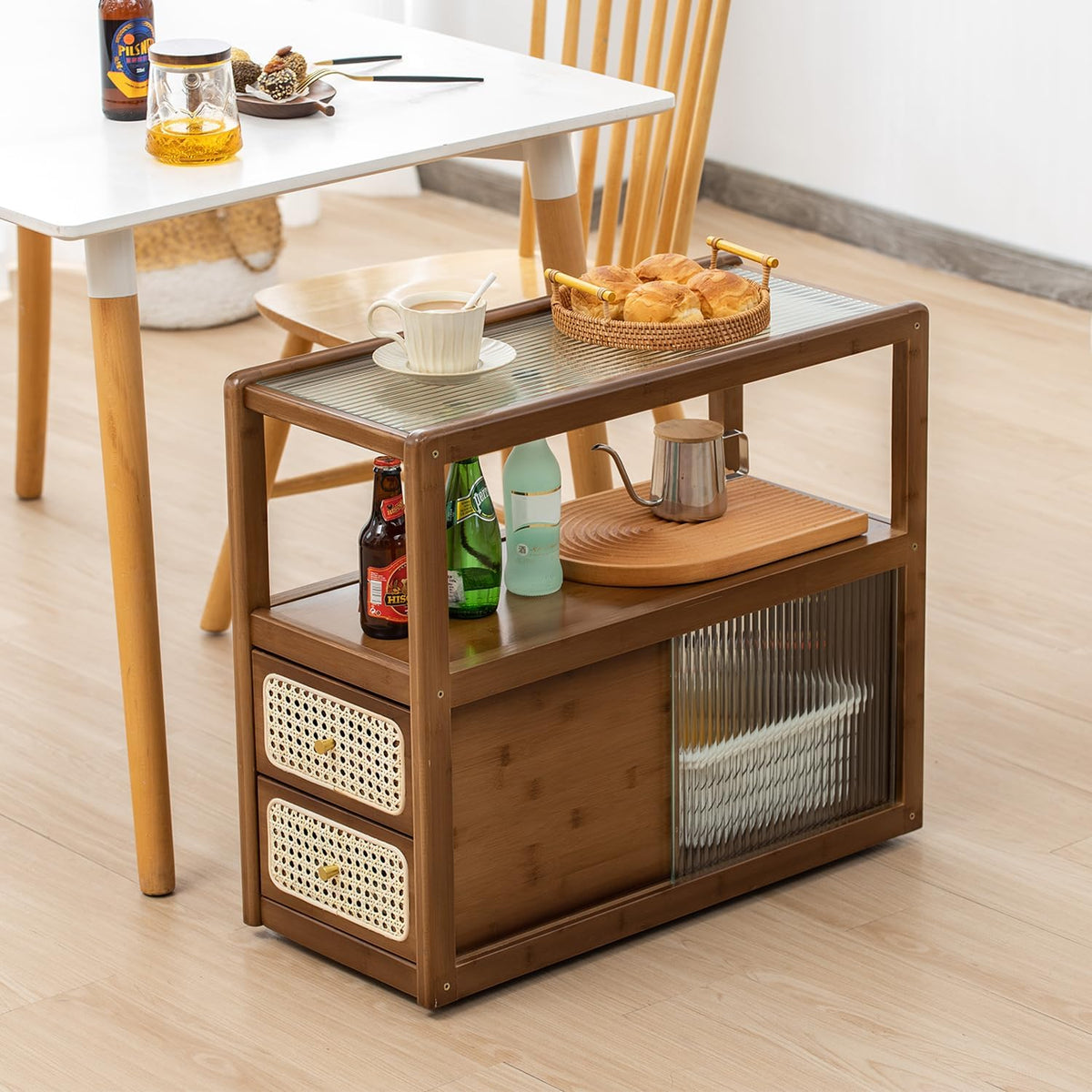 SOBIBO Bamboo Side Table Nightstand with Rattan Drawer & Glass Top – Multi-Function End Table, Nightstands with Storage for Bedroom, Living Room, and Small Spaces, Walnut