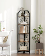CHOEZON 59.4" Corner Shelf, 5-Tier Industrial Corner Bookshelf, Corner Storage Stand, Plant Stand Display Shelf, Bookcase for Bedroom, Living Room, Home Office, Rustic Brown and Black TCJ10BF