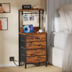 Furnulem Night Stand with Charger Station, 4 Fabric Drawers and LED Lights | 38'' Tall Bedside Table with Storage Shelf for Bedroom, Office, Metal Frame, Wood Shelves, Rustic Brown Nightstand