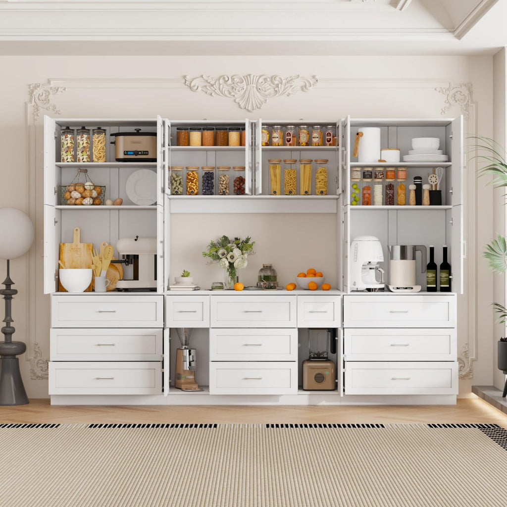 Timechee Cupboard, Kitchen Pantry Storage Cabinet, White Modern Food Pantry Cabinet with 8 Cabinets, 11 Drawers and 4 Display Doors for Living Room, Kitchen(15.7" D x 110.2" W x 78.7" H)