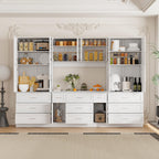 Timechee Cupboard, Kitchen Pantry Storage Cabinet, White Modern Food Pantry Cabinet with 8 Cabinets, 11 Drawers and 4 Display Doors for Living Room, Kitchen(15.7" D x 110.2" W x 78.7" H)