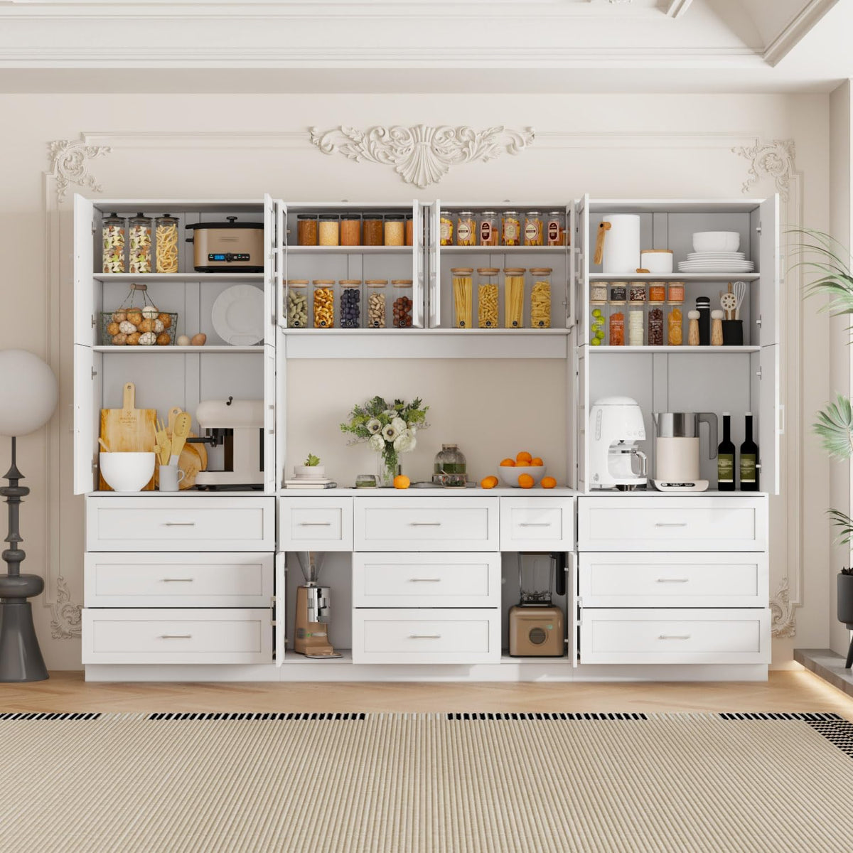 Timechee Cupboard, Kitchen Pantry Storage Cabinet, White Modern Food Pantry Cabinet with 8 Cabinets, 11 Drawers and 4 Display Doors for Living Room, Kitchen(15.7" D x 110.2" W x 78.7" H)