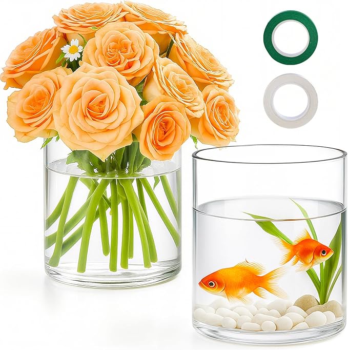 2Pcs Glass Cylinder Vases for Centerpieces, 6" x 4.7" Wide Mouth Flower Vase Hurricane Glass Candle Holders, Clear Vases Bulk with 2 Floral Tapes for Floating Candles Wedding Party Home Decor