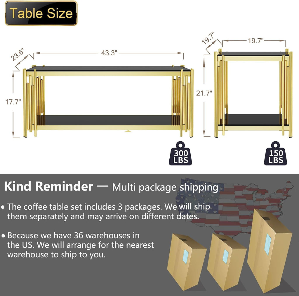 Glass Coffee Table Set of 3, End Table Modern Living Room Table Rectangle Clear Tempered Glass Stainless Steel Leg, Square Side Table for Home Furniture Set (Black, 43" Set of 3)