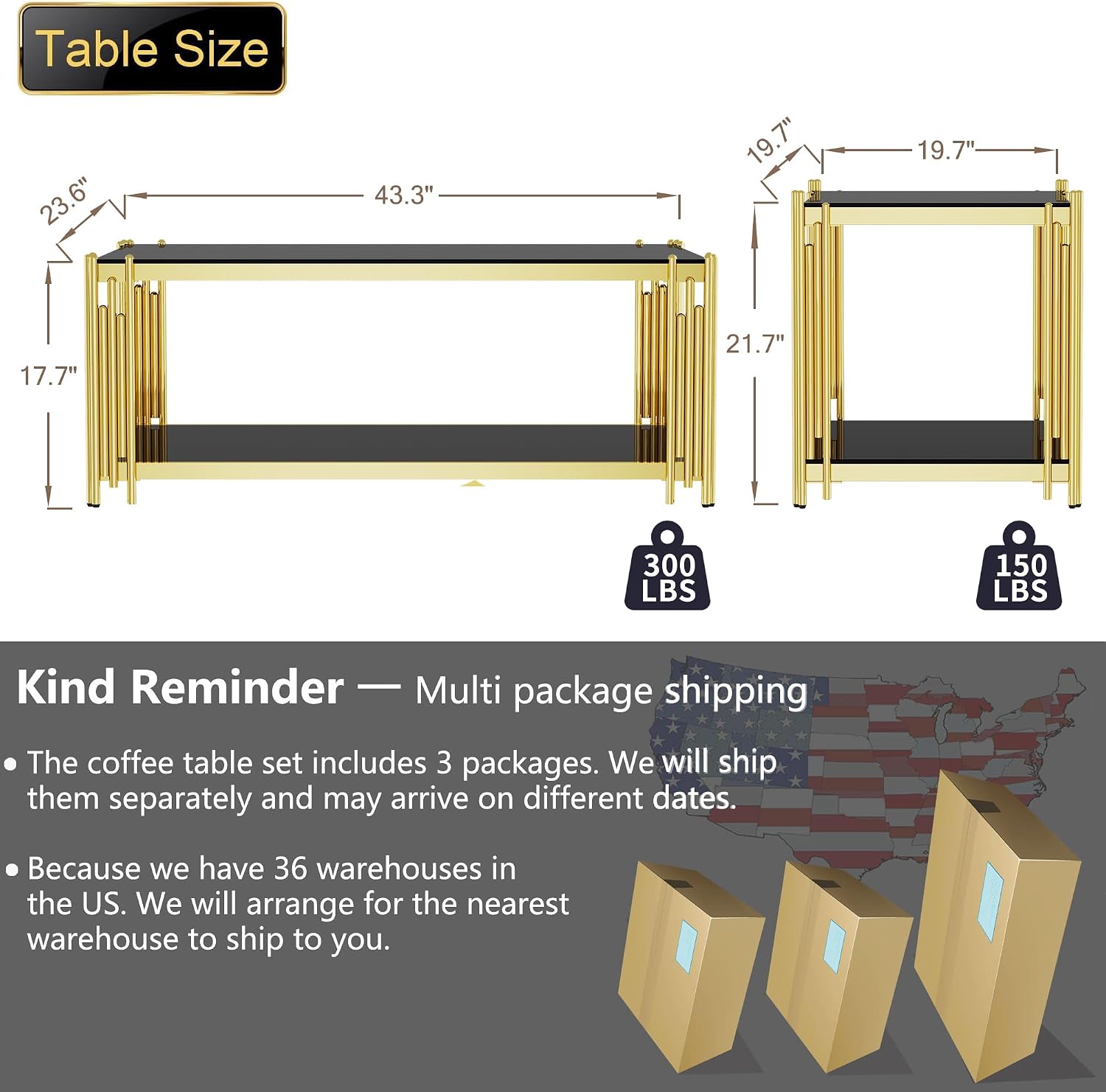 Glass Coffee Table Set of 3, End Table Modern Living Room Table Rectangle Clear Tempered Glass Stainless Steel Leg, Square Side Table for Home Furniture Set (Black, 43" Set of 3)