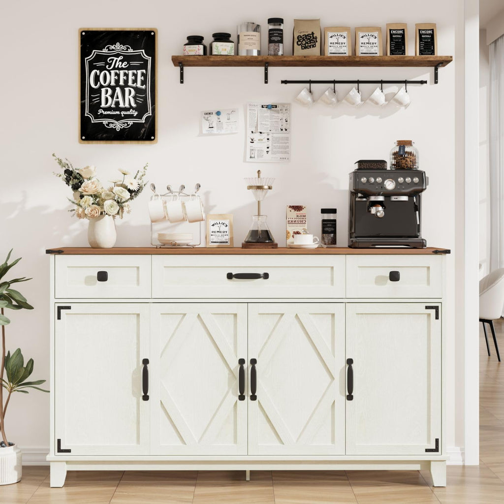 Farmhouse Buffet Cabinet with Drawers, 55" Large Sideboard Kitchen Buffet Storage Cabinet with 3 Adjustable Shelves and Doors Heightened Table Wood Coffee Bar for Kitchen Living Room, Off-White