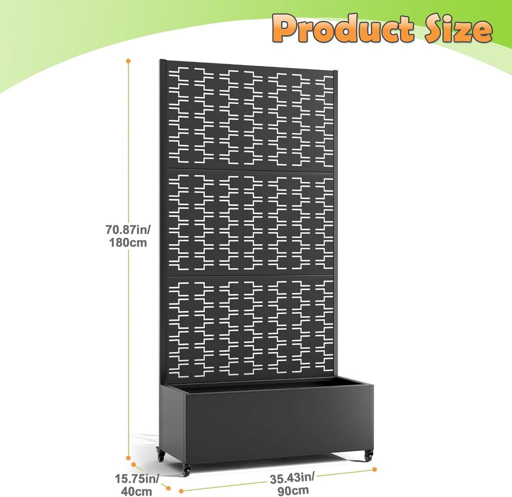 Metal Raised Garden Bed with Trellis, 2-in-1 Planter Box & Privacy Screen for Climbing Plants, Outdoor Standing Flower Bed with Drainage Holes, 35.4" L x 15.7" W x 70.1" H, Black-Brick