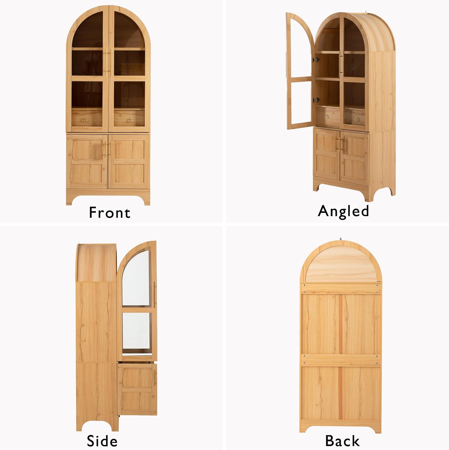 SOFTSEA Arched Kitchen Pantry Cabinet, with Hidden Drawer & Glass Door, 71" Tall Farmhouse Storage Cabinet with Open & Adjustable Shelves, Kitchen Hutch with Door Shelves for Living Room, Natural