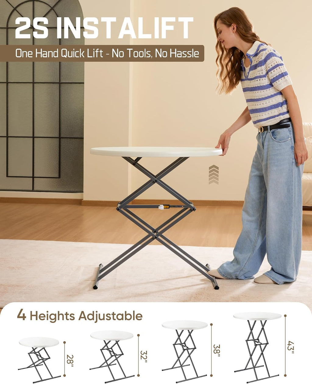 FanttikOutdoor Folding Table Round 32" Quick Adjust 4 Heights Party, Patio | One-Handed Adjustable Tall Bistro Foldable Bar Height Table, Cocktail, Backyard, Dining, Wedding, White Zeta O3 Pro