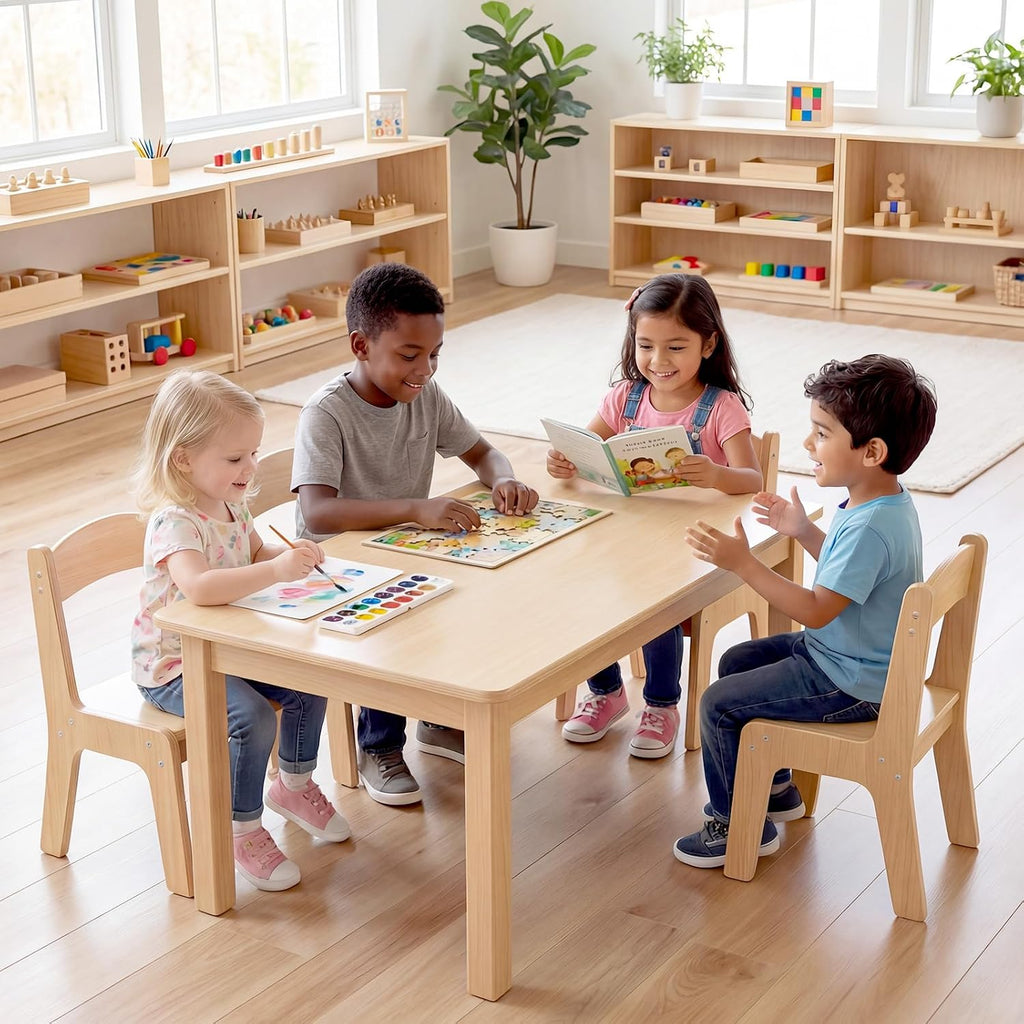 Toddler Table and Chair Set, Anti-Slip Legs & Rounded Corners, Sturdy Wooden Kids Table and Chairs for Eating, Learning and Playtime【44.3inch L*21.65 inch W】(1 Table and 4 Chairs)
