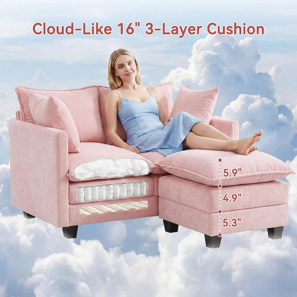 L-Shape Loveseat Sofa Couch with Ottoman, Small 50" Love Seat 27" Deep Cloud Sofa Washable Chenille Pillow for Apartment Bedroom Dorm Attic Studio Office Living Room Small Space 50-Pink-L