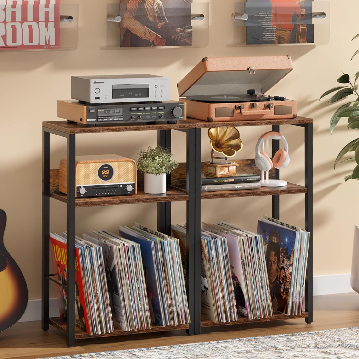 LELELINKY Record Player Stand Set of 2, 3-Tier End Side Table with Vinyl Record Storage, Vinyl Record Holder Up to 120 Albums, Turntable Stand with Vinyls Storage for Music Living Room