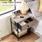 AMHANCIBLE Night Stand, End Tables Living Room Set of 2, Small Nightstand with Charging Station, Slim Bed Side Table with Fabric Storage Drawer for Bedroom, Small Space, Greige, HET03SDPGY