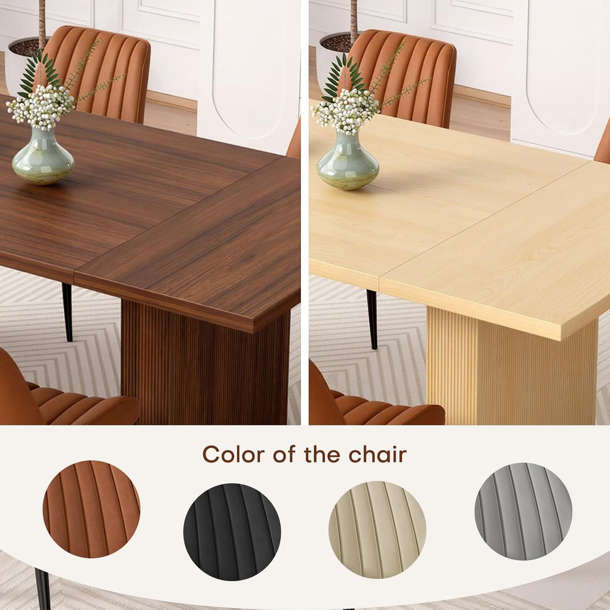 Miereirl 7-Piece Modern Farmhouse Dining Table Set with 6 Chairs, Sturdy Stable Dining Room Furniture with Soft Padded Upholstered Dining Chairs (Walnut Table + 6 Brown Chairs)