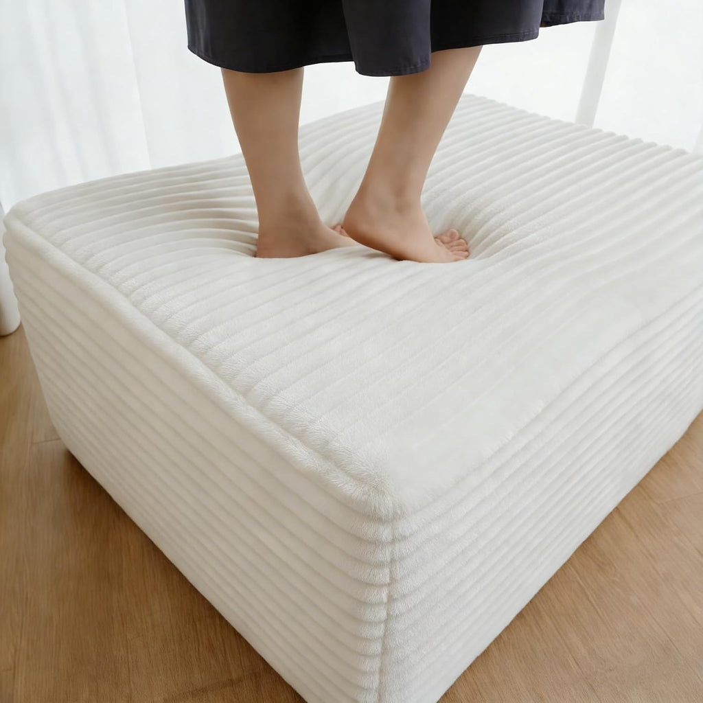 37.4" Plush Corduroy Ottoman, Upholstered Cloud Ottoman for Couch in a Box, Modular Sectional Couches for Living Room, Compressed Memory Foam, No Assembly Require, White