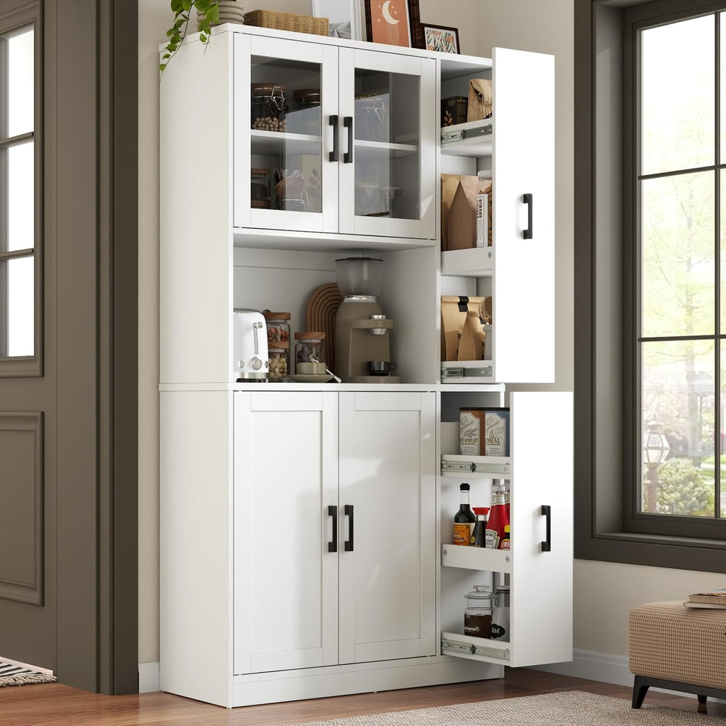 68" Kitchen Pantry Cabinet with Side Drawer, Kitchen Pantry Storage Cabinet | Tall White Pantry with Acrylic Door, Freestanding Food Hutch with Microwave Stand for Dining Room, Kitchen