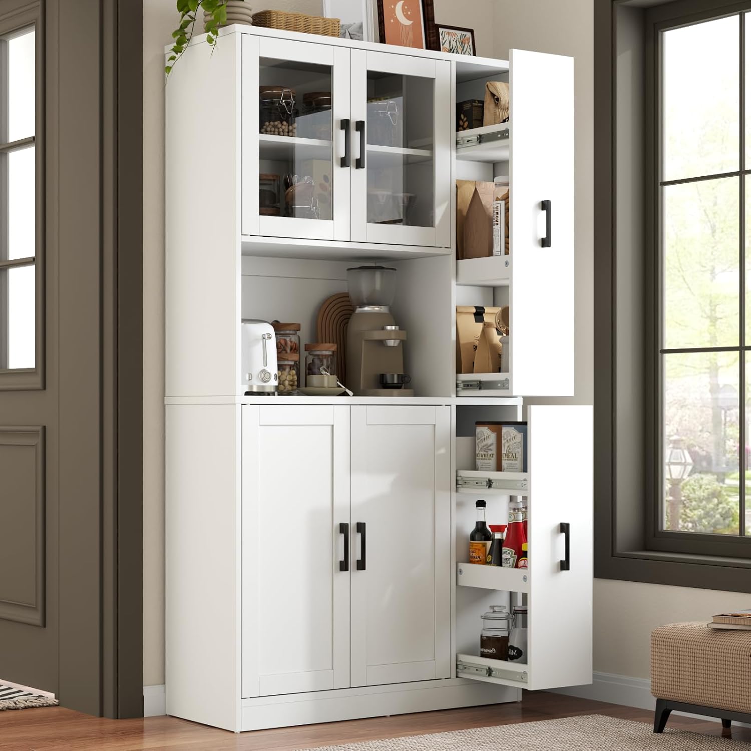 68" Kitchen Pantry Cabinet with Side Drawer, Kitchen Pantry Storage Cabinet | Tall White Pantry with Acrylic Door, Freestanding Food Hutch with Microwave Stand for Dining Room, Kitchen