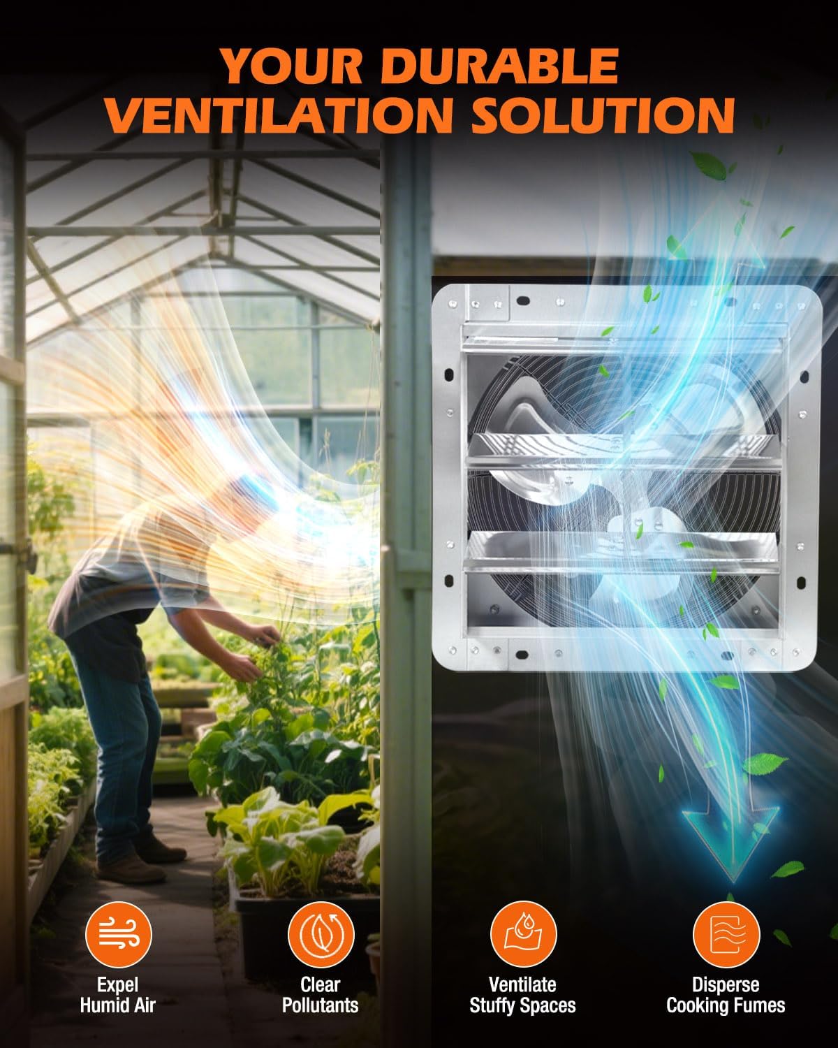 JVO 12 Inch Shutter Exhaust Fan 1450 CFM High-Powered Ventilation, Ideal for Attics, Greenhouses, Garages and Chicken Coops - Wall Mount for Easy Installation (No Power Cord Included)