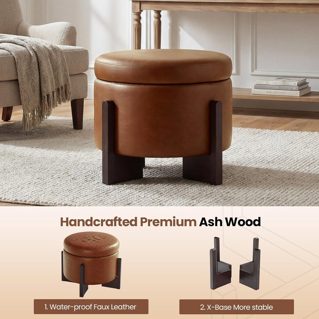 Leather Ottoman with Storage and Ash Wood Legs, Modern Foot Stool，Round Storage Ottoman Coffee Table for Living Room,Bedroom (Light Brown)