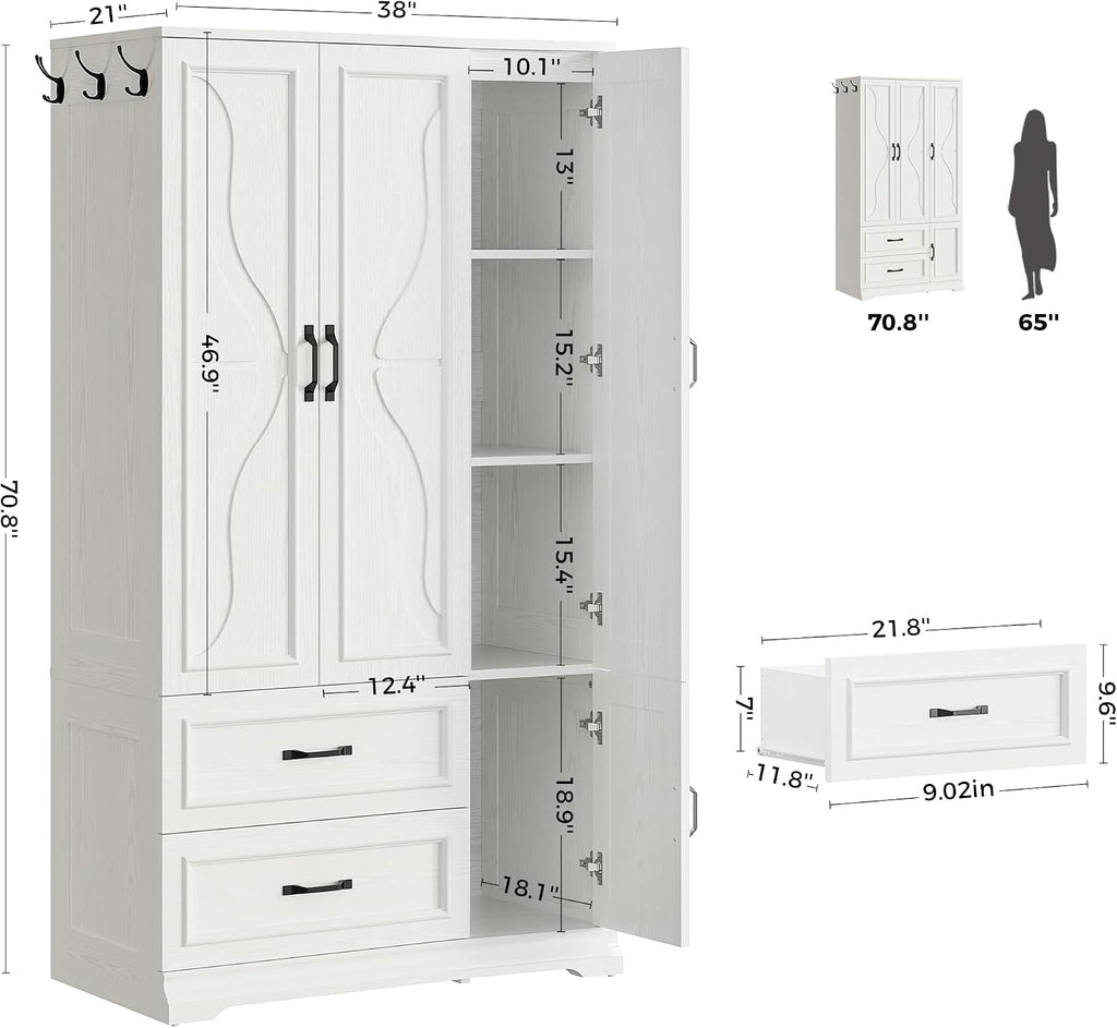 LIKIMIO Armoire Wardrobe Closet with 4 Doors and Drawers, White | Wardrobe Cabinet with Storage Shelves and Side Hooks, Clothing Storage Cabinet for Bedroom