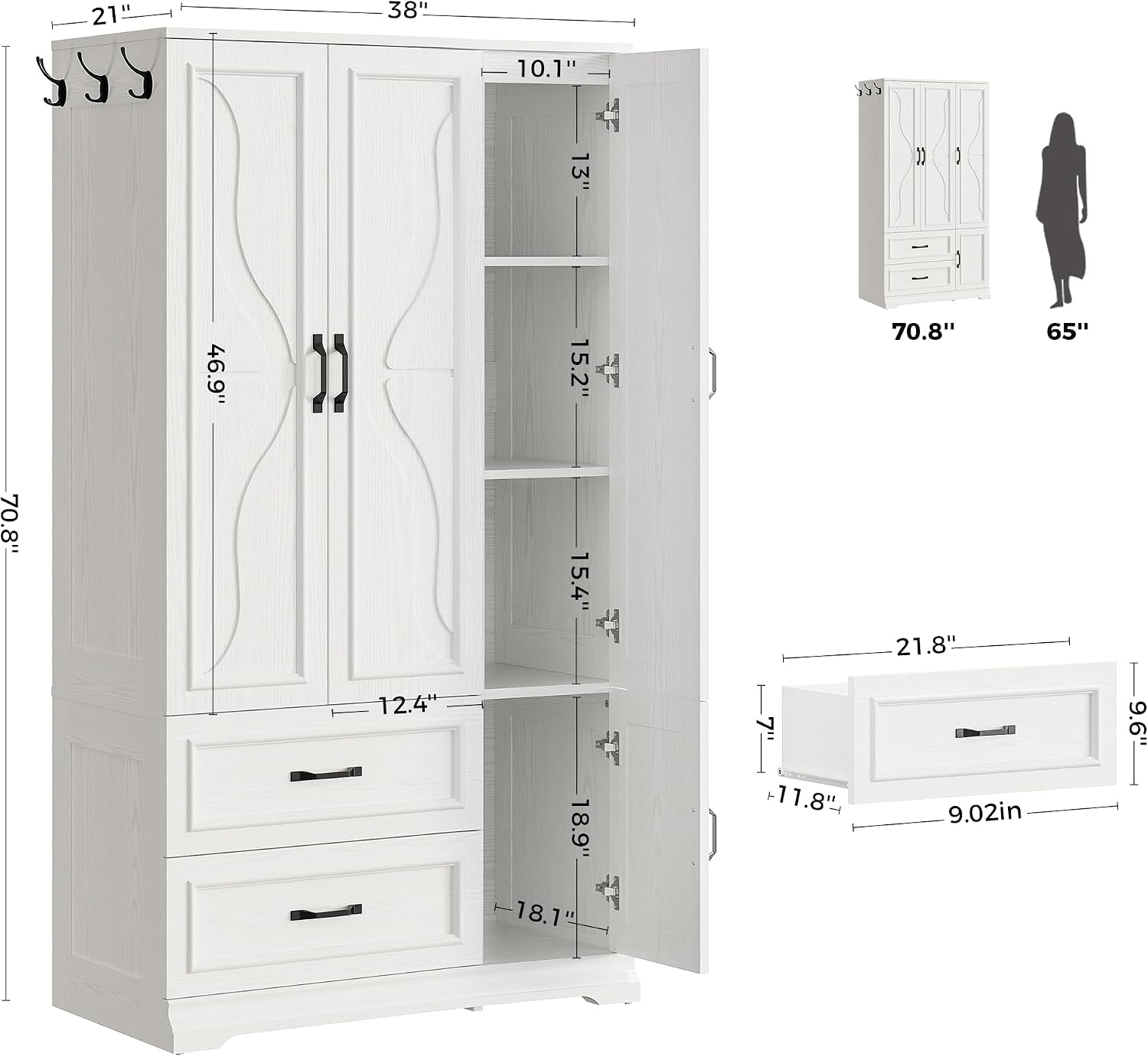 LIKIMIO Armoire Wardrobe Closet with 4 Doors and Drawers, White | Wardrobe Cabinet with Storage Shelves and Side Hooks, Clothing Storage Cabinet for Bedroom