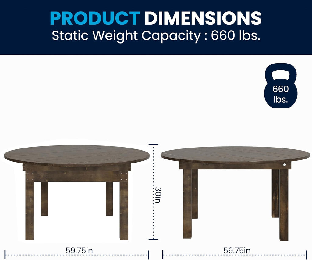 Flash Furniture Hercules Commercial Round Farmhouse Folding Table, Antique Rustic Solid Pine Dining Room Table, Foldable Locking Legs, 60" Diameter, Mahogany