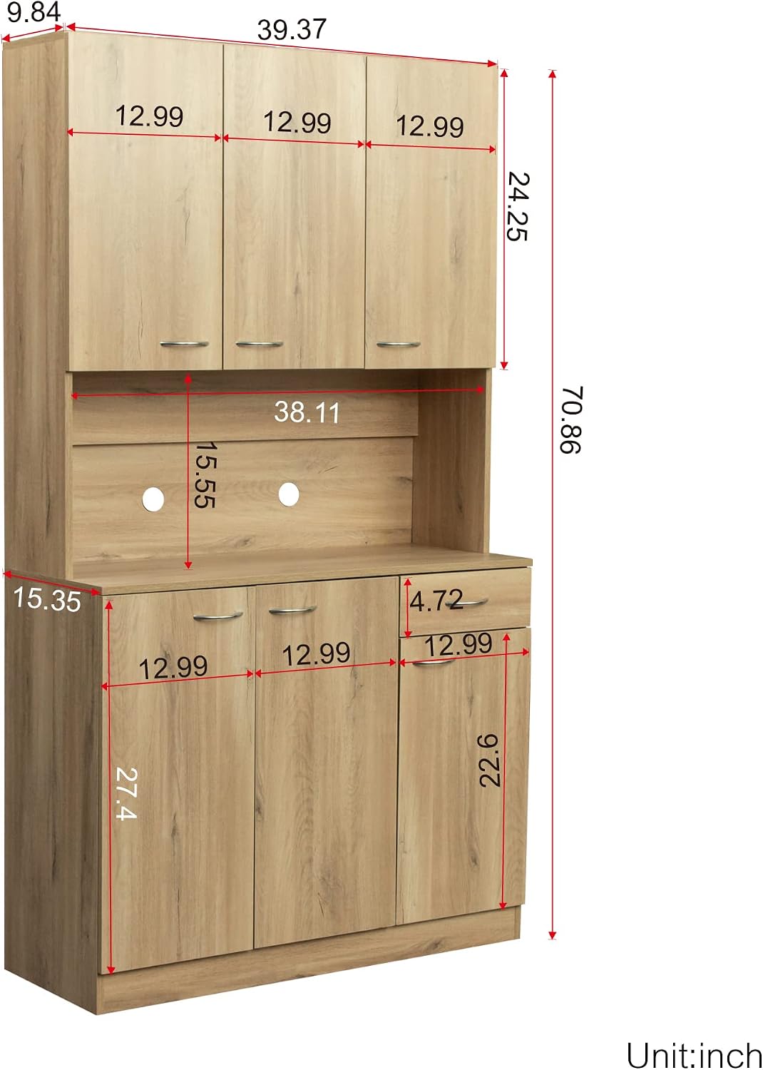 71" Tall Kitchen Pantry Cabinet,Sideboard Buffet Cabinet with 6 Doors and Shelves,Kitchen Island with Microwave Stand,Kitchen Hutch Storage Cabinet with 1 Drawer for Kitchen,Kitchen Cabinet (Oak)