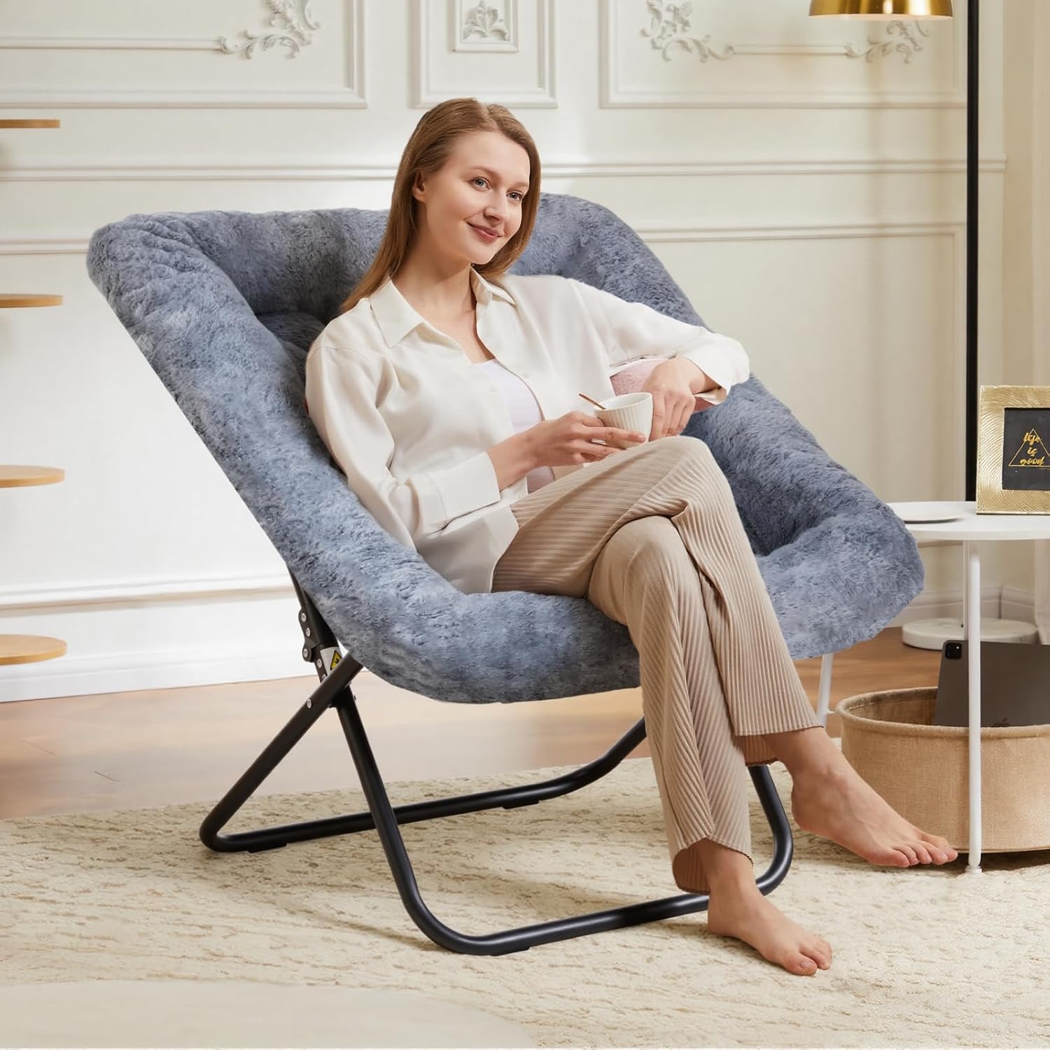 DUMOS Faux Fur Saucer Chair for Adults, Living Room Folding Lounge Chair | Comfy Soft Square Oversized Chair with Metal Frame Moon Seat, Portable Anti-Slip for Living Bedroom Dorm, Grey