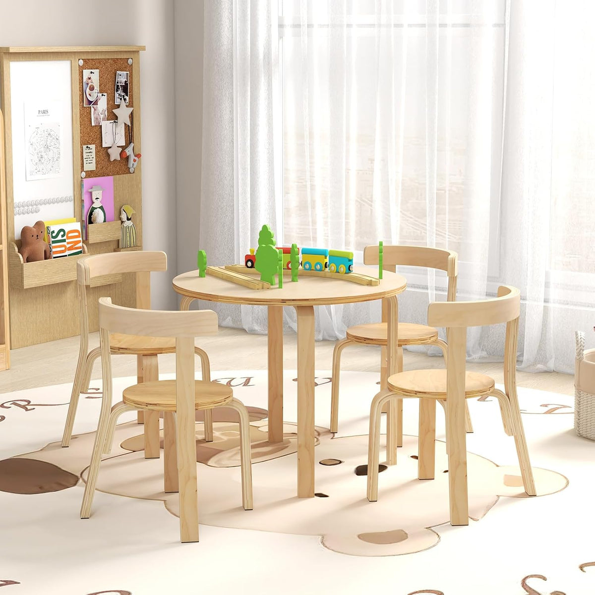 GLACER Kids Table and Chairs, Brich Round Toddler Table and Chair Set with Toy Bricks, Smooth Surfaces & Ergonomic Backrest, Activity Desk for Playroom, Classroom, Daycare, or Home Use (Natural)