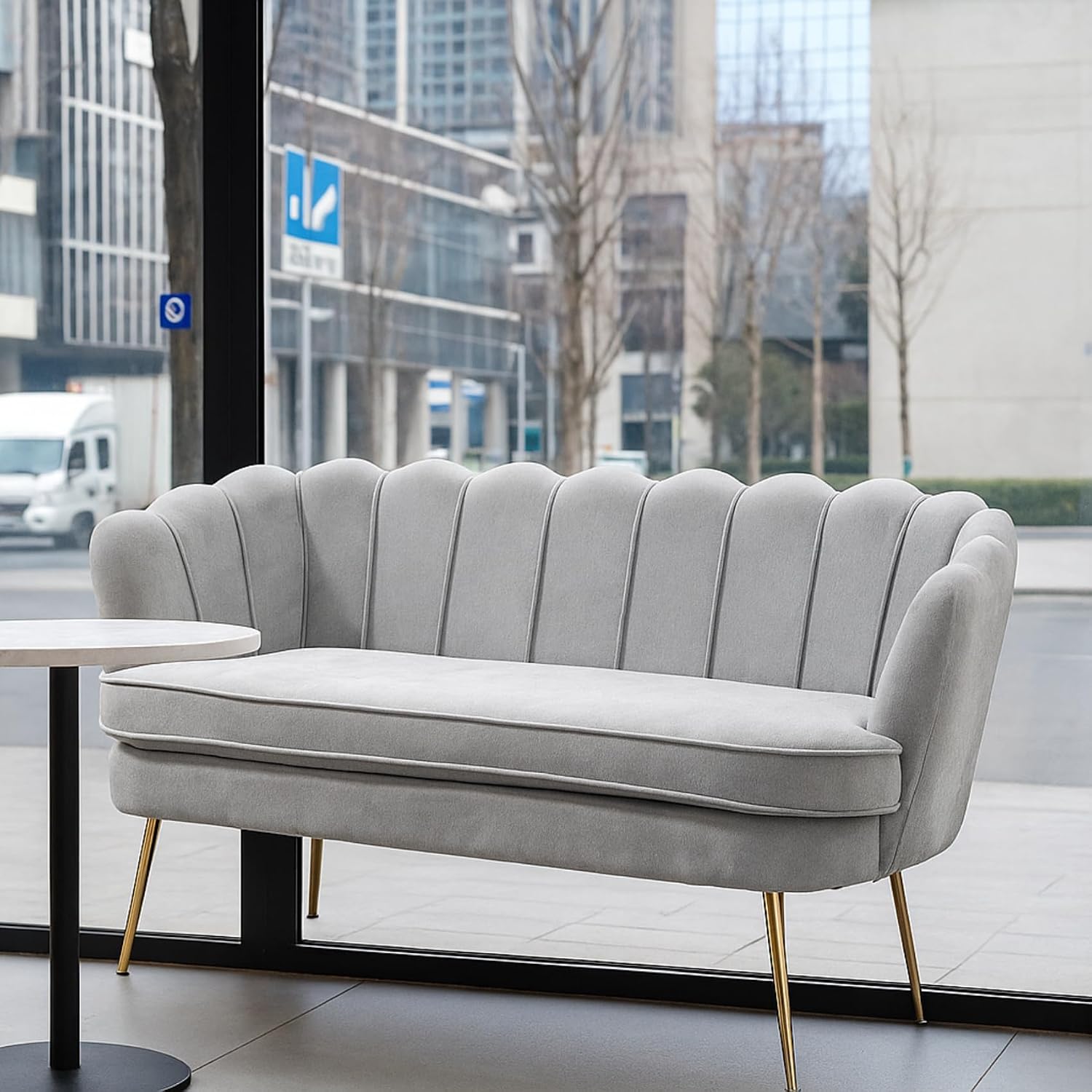59'' Loveseat Sofa, Modern Chenille 2-Seater Sofa with Golden Legs, Comfy Upholstered Shell Accent Couch for Studio, Living Room, Store, Office (Light Grey).