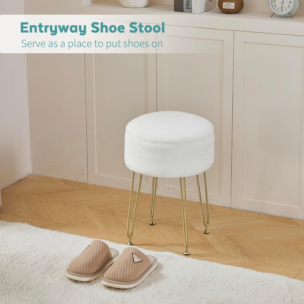 BRIAN & DANY Vanity Stool, Faux Fur Vanity Stool Chair with Storage, Round Makeup Chair Soft Padded Seat with Legs for Bedroom (White)