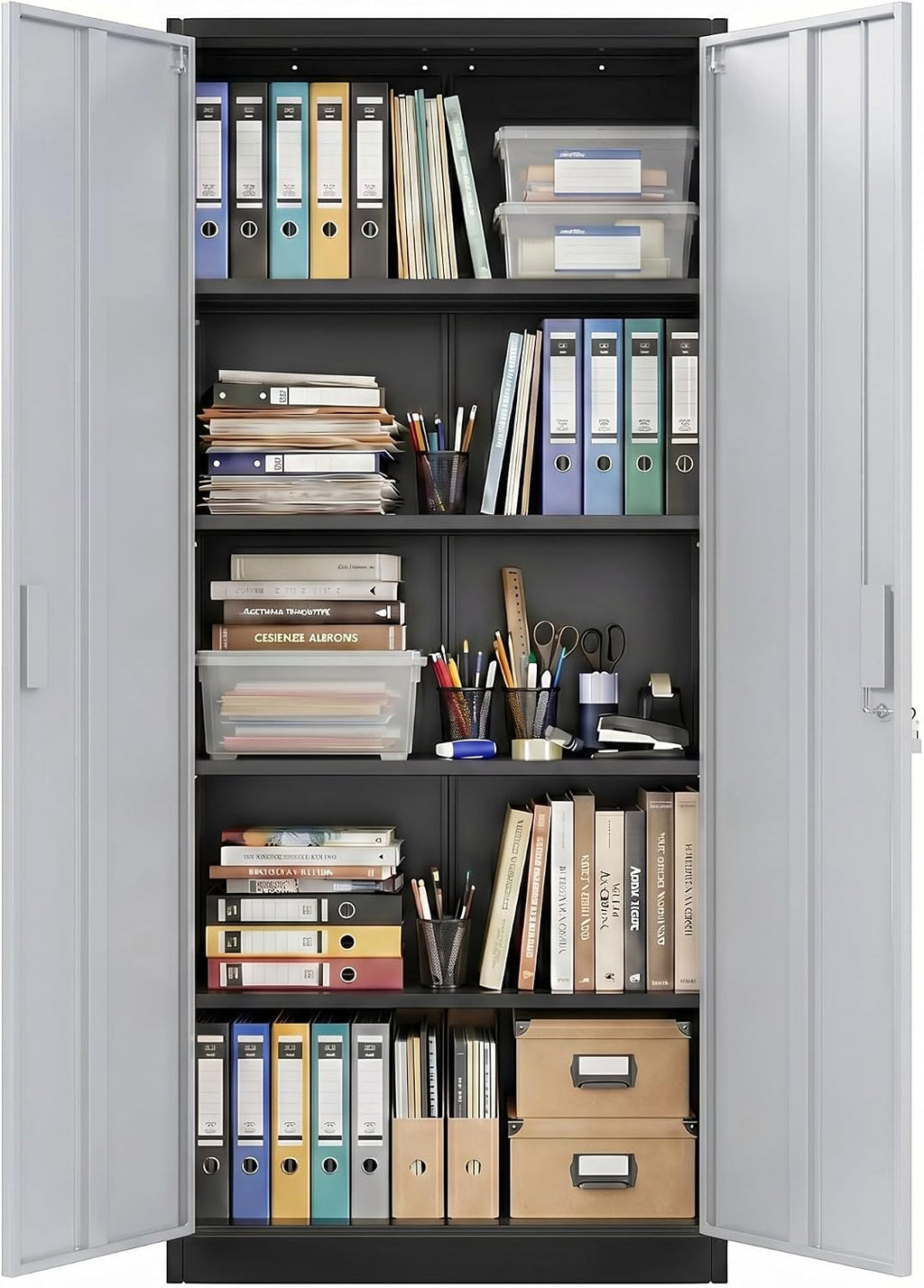 71-Inch Lockable Metal Storage Cabinet, Black and Gray | 15.75"D x 31.50"W x 70.87"H; 4 adjustable shelves; 120 lb per shelf; lock with 2 keys; assembly required.