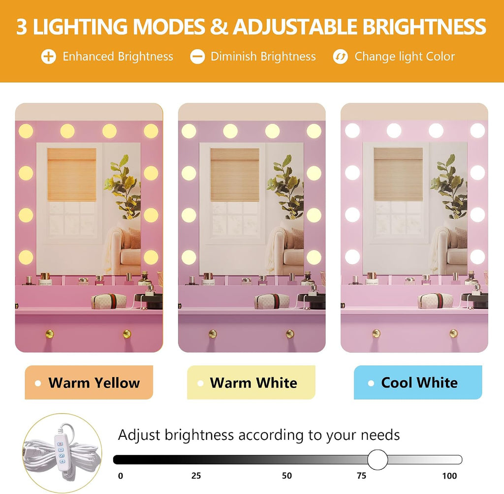 Wodeer Makeup Vanity Desk with Mirror and Lights, 43" Purple Vanity Set with 3 Drawers, Power Outlet & Adjustable RGB LED Lights, Dressing Table with Storage Shelf for Women & Girls Bedroom
