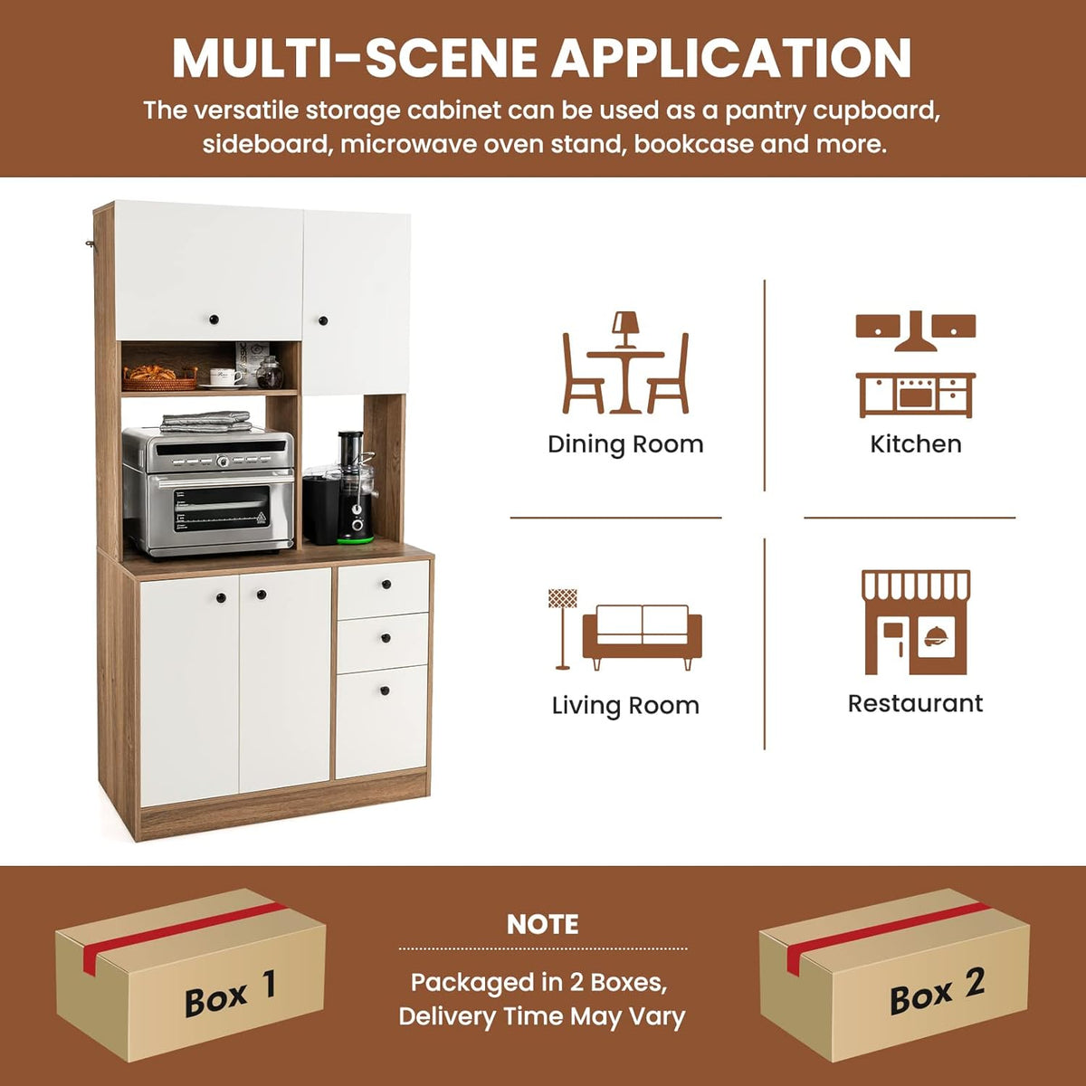 LOKO 71” Tall Kitchen Pantry Storage Cabinet, Freestanding Buffet Hutch with Doors, Adjustable Shelves, 3 Drawers and Microwave Stand, Kitchen Hutch for Dining Room, Living Room (White & Natural)