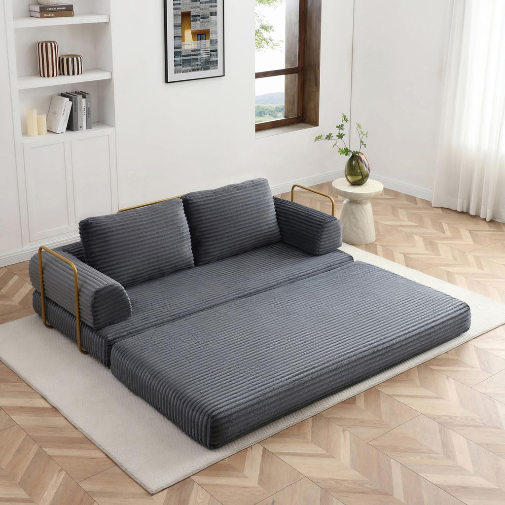 Convertible Folding Sofa Bed, Modern Futon Sleeper Sofa Fold Out Couch Bed with Gold Fixed Frame, Modular Floor Sofas Comfy Corduroy Couches for Living Room (80" Grey)