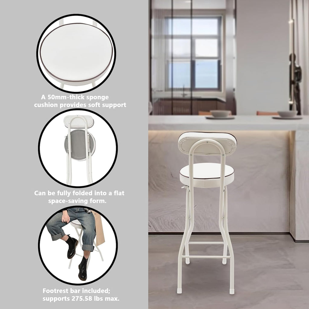 2 Pcs Folding Bar Stool with Backrest & Footrest 25.6in Height Tall Foldable Stool Chair Leather Padded for Kitchen Bar Shop 275.58 lbs Capacity White