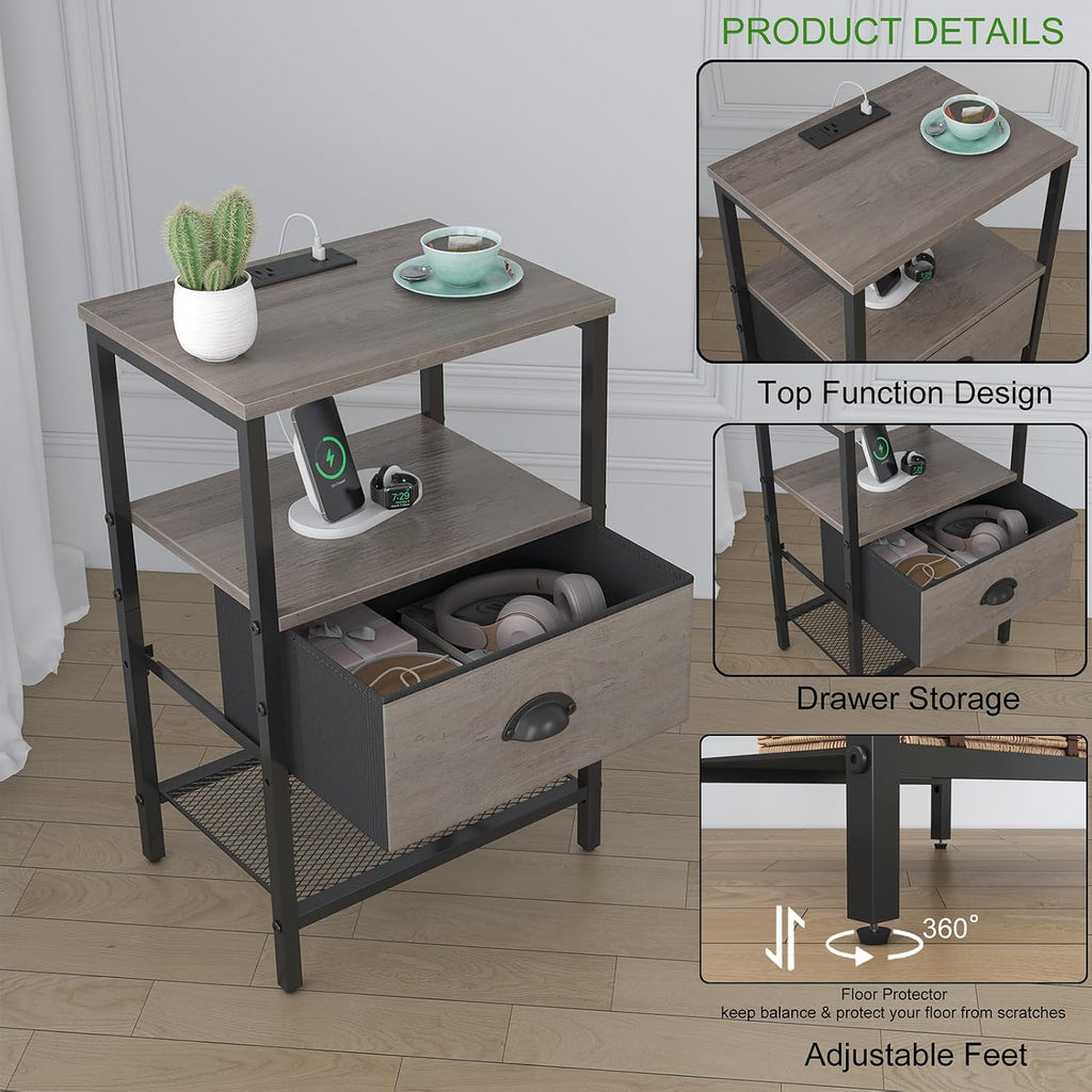 sthmec Nightstands Set of 2, Night Stands with Charging Station and Fabric Drawer, Grey Bedside Tables with Drawers, 2- Tier Side Table with Storage, Nightstands with Charging Station,Grey