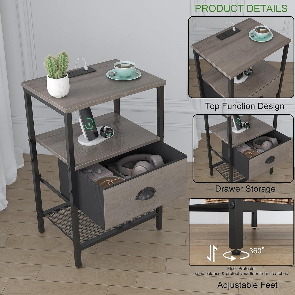 sthmec Nightstands Set of 2, Night Stands with Charging Station and Fabric Drawer, Grey Bedside Tables with Drawers, 2- Tier Side Table with Storage, Nightstands with Charging Station,Grey