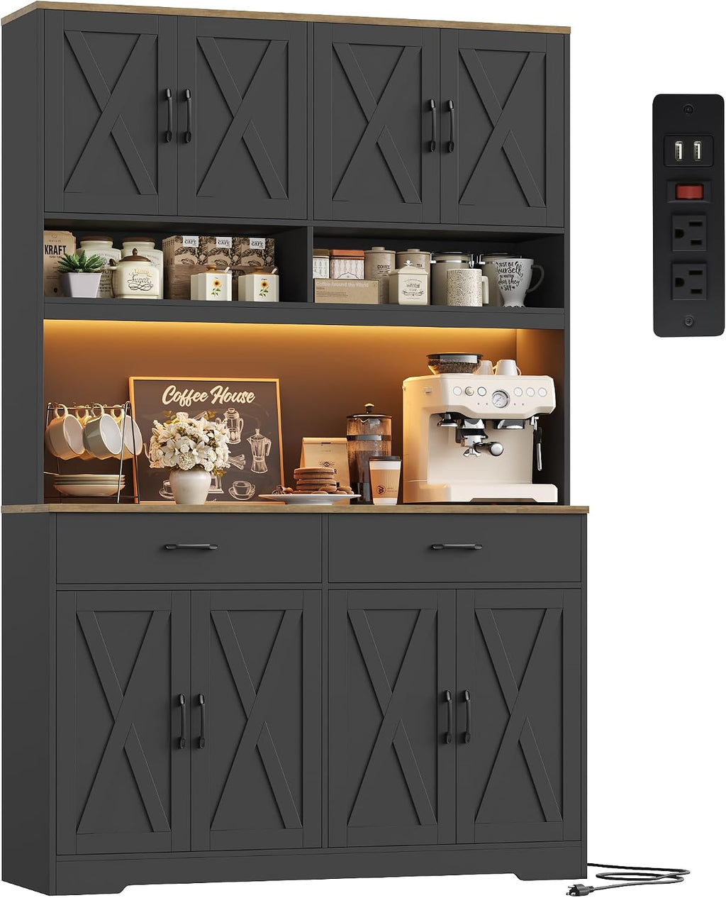 HOSTACK 75" Tall Kitchen Pantry Storage Cabinet, 45" W Hutch Cabinet, Black | Farmhouse Pantry Cabinet with Charging Station / LED Lights / Countertop, Wood Kitchen Hutch with 2 Drawers for Dining Room