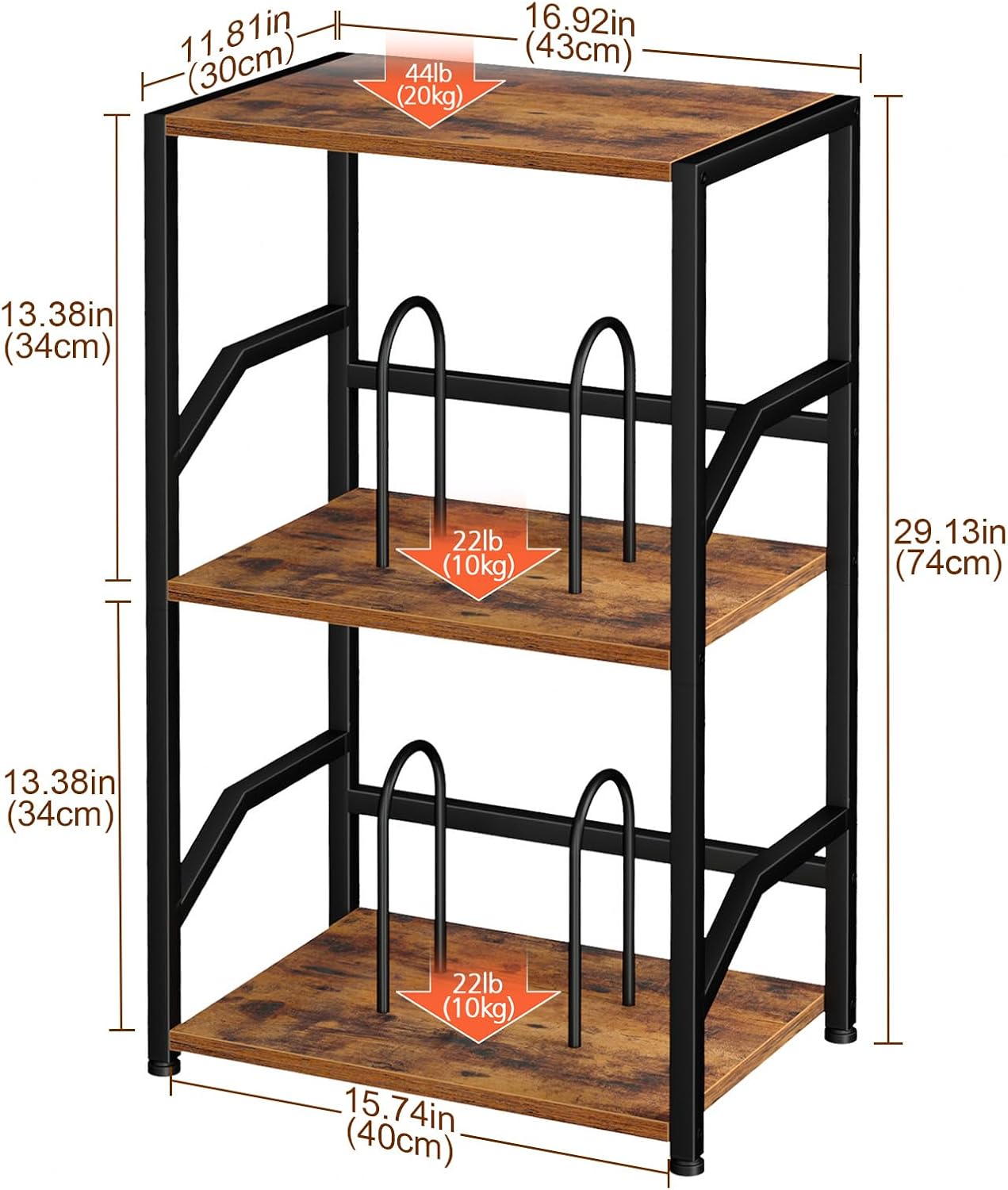 LOAKEKEL Record Player Stand, Vinyl Record Storage Up to 200 Albums, 3 Tier End Table with Removable Dividers, Tall Side Table for Living Room, Bedroom, Rustic Brown, HETCD010BR-1