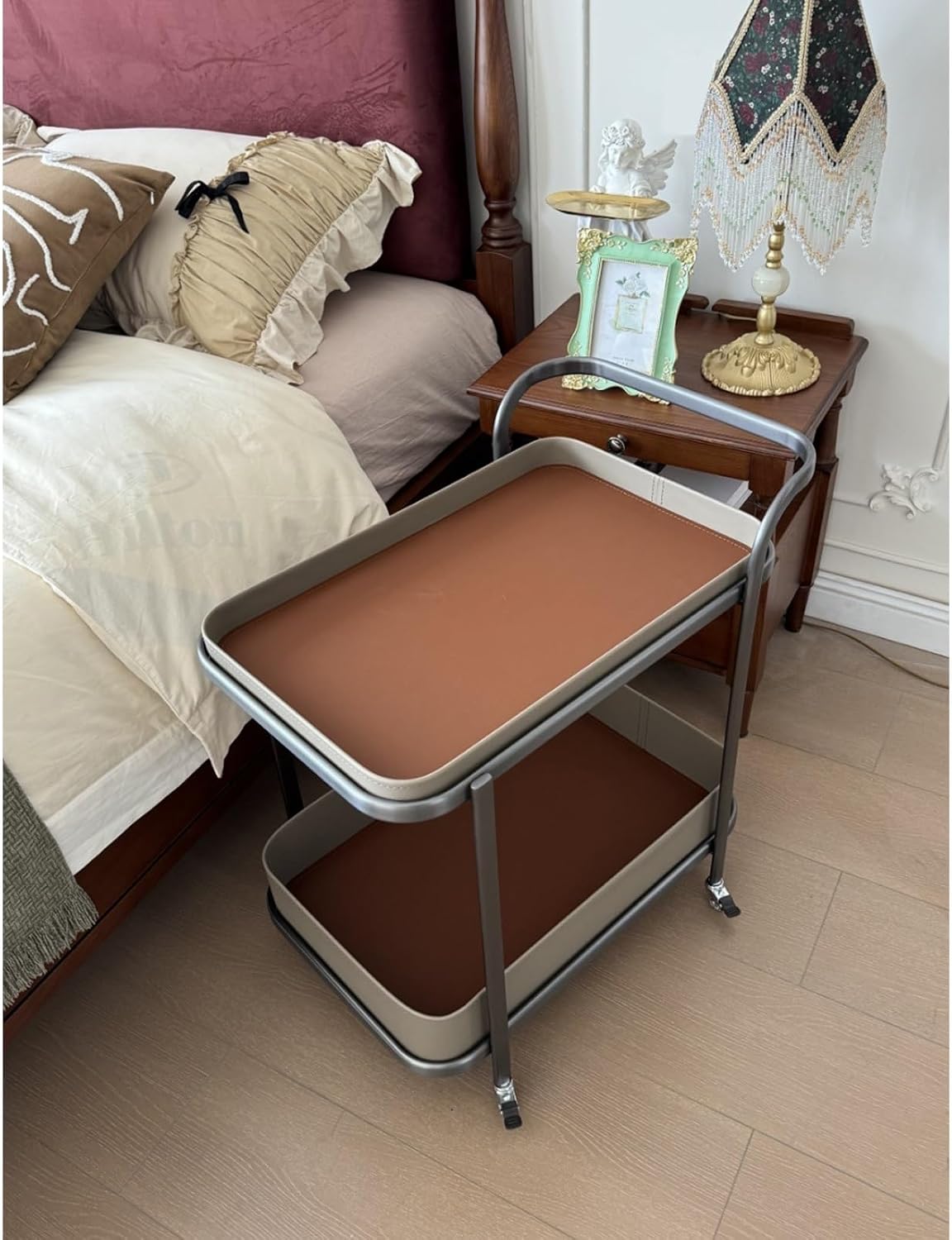 Rolling End Table, Side Table with Wheels, Modern Serving Cart Snack Table for Living Room, Small Coffee Table(Orange)
