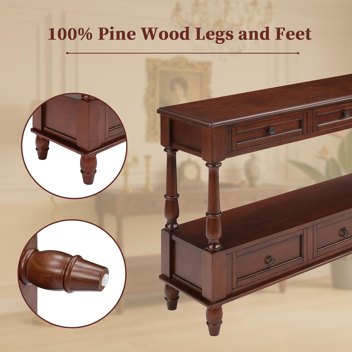 Vintage Solid Wood Console Table with 6 Drawers - 54" Hallway Sofa Table with Bottom Shelf for Entrance, Living Room & Foyer, Cherry