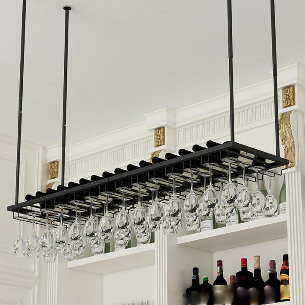 Hanging Wine Glass Holder, Ceiling Bar, Wall-Mounted Rack & Storage Shelf — Red Cabinet, Display Stand, and Living Room Wall Decor Stemware(Black,100CM/39.4in)