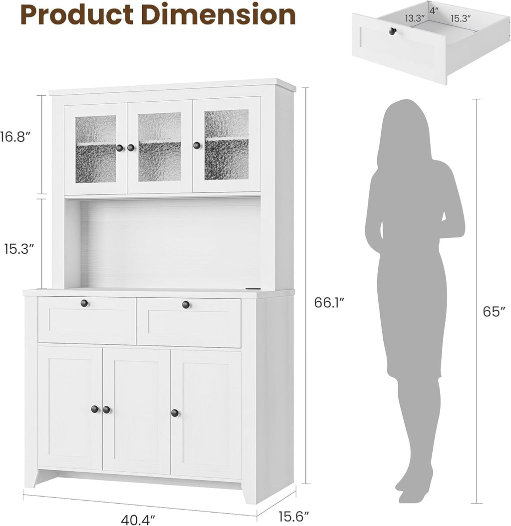 GarveeHome 66" Tall Pantry Cabinet with Power Outlet & LED Light, Kitchen Pantry Storage Cabinets with Countertop, Large Kitchen Hutch with Storage Drawers & Water Ripple Acrylic Panel Cabinet Door