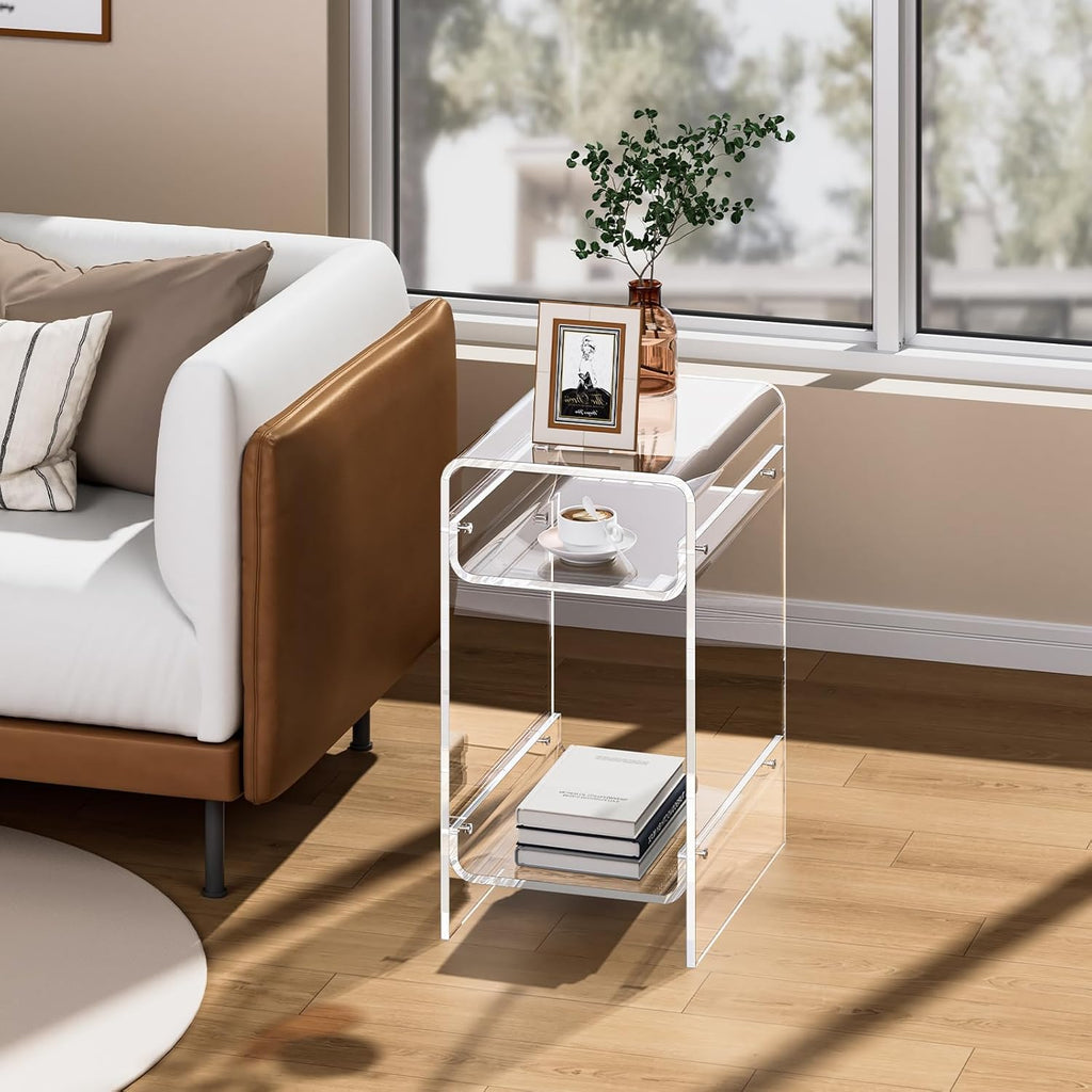 Clear Acrylic Side Table, Narrow Nightstand Bedside Table for Bedroom, Skinny Small End Table (Clear Wide, 11.8'' x 15.7'' x 21.7")