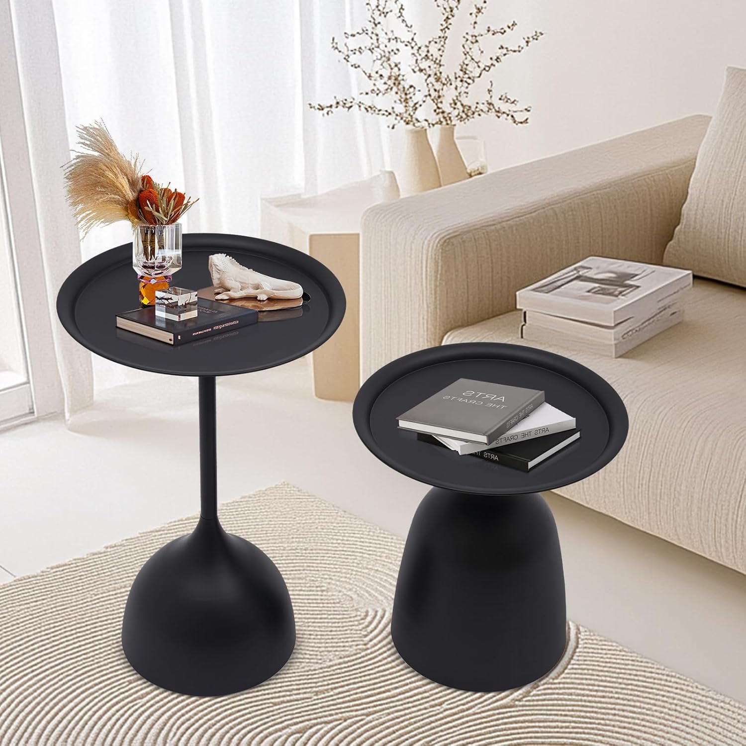Bacocoo Round Side Table Set of 2, Metal End Tables Matte Black - 16.9" & 23.6" Height Modern Nesting Tables for Living Room, Bedroom, Office Sturdy.(Iron, Easy Assembly)