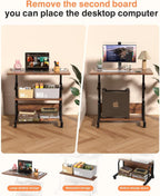 QZMDSM Portable Rolling Desk on Wheels Adjustable Height Desks for Small Spaces, 32" Computer Desk Drafting Tables with Storage Shelves for Home Office Rustic