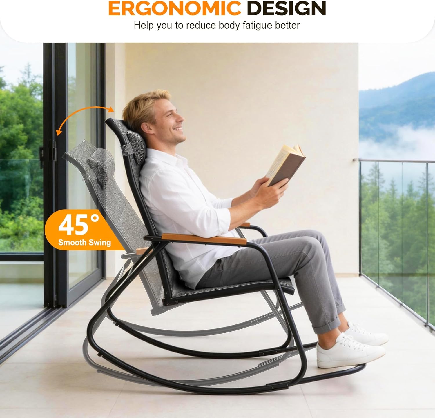 VINGLI Outdoor Rocking Chair, 450lbs Capacity Portable Outdoor Rocker with Footrest, Hard Armrests, Pillow, All Weather Porch Rocker for Garden, Living Room, Patio, Lawn (Black&Gray, with footrest)