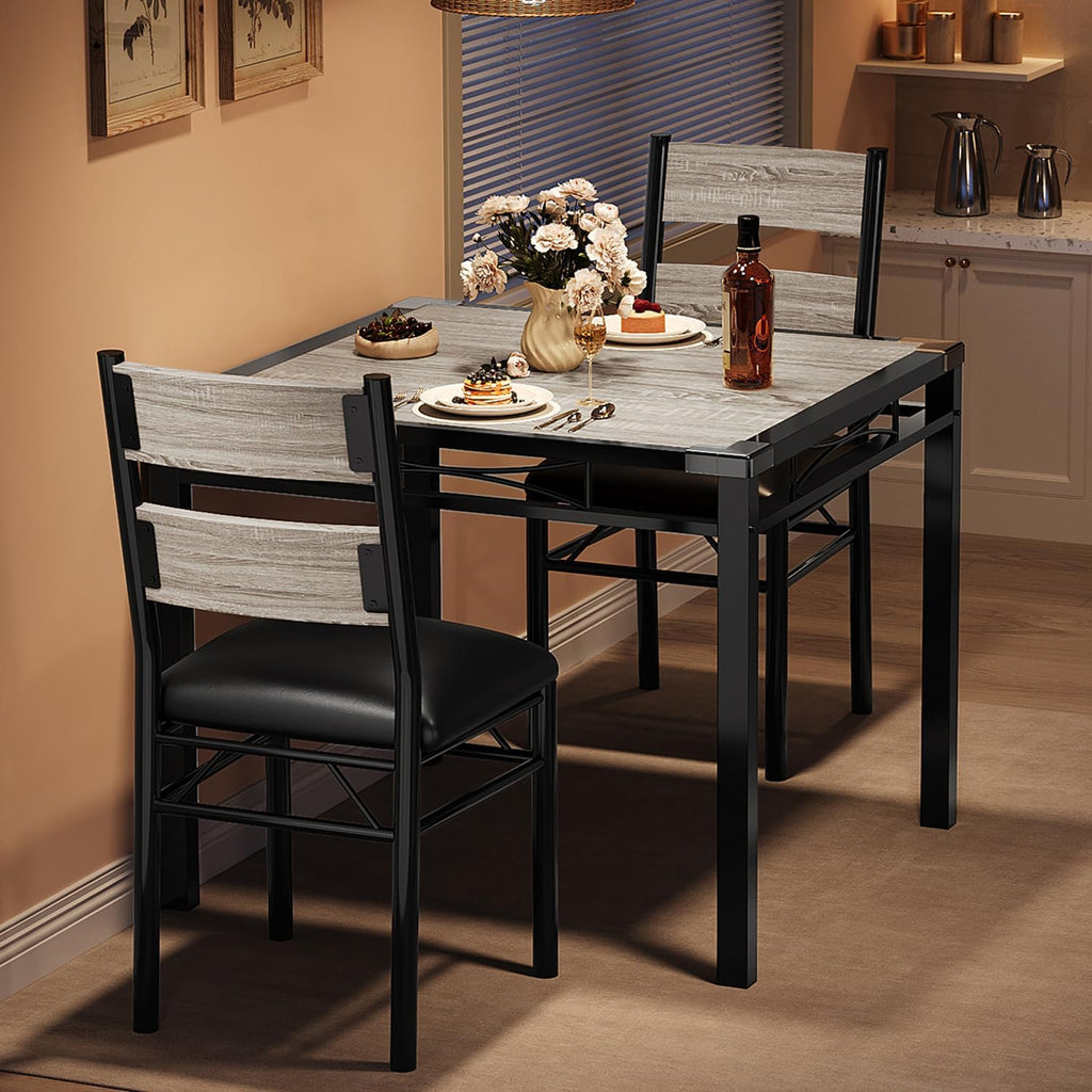 IDEALHOUSE Dining Table Set for 2 with Corner Protector, Kitchen Table Chairs Set of 2 w/Upholstered Chairs, Wood Dining Room Table Set for 2, for Dining Room, Apartment, Retro Gray